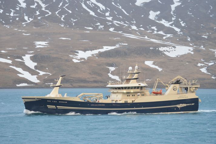 Börkur NK siglir inn Seyðisfjörð með loðnufarminn stóra.