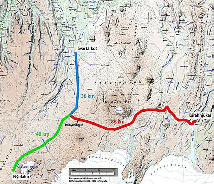 Hugsanlegt stæði nýs hálendisvegar með bundið slitlag austur og norður í land. Horft er til þess að norðan Vatnajökuls sé úrkomuminnsta svæði Evrópu.