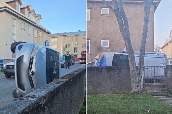 Hér má sjá hvernig bíllinn hafnaði við hliðið að garði Gróu.