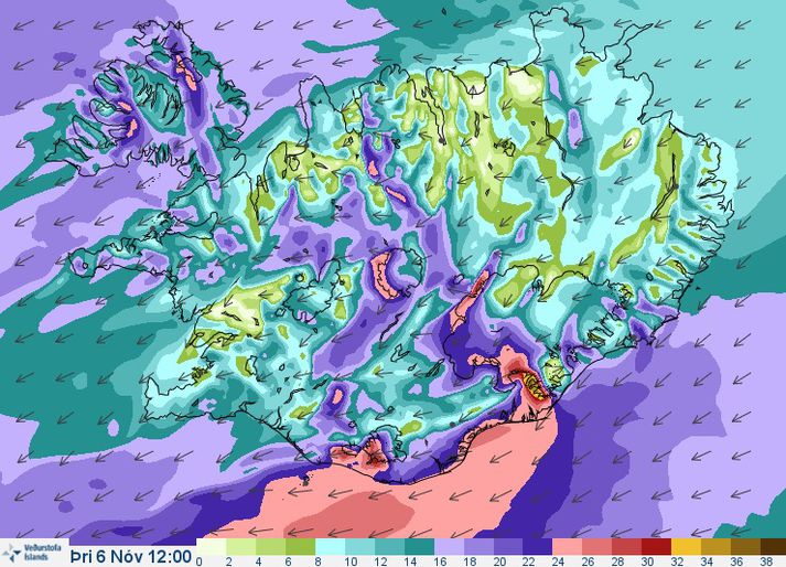 Vindaspáin fyrir landið á hádegi á morgun.