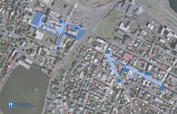 Hér má sjá væntanlegar göngugötur í miðborg Reykjavíkur í sumar.