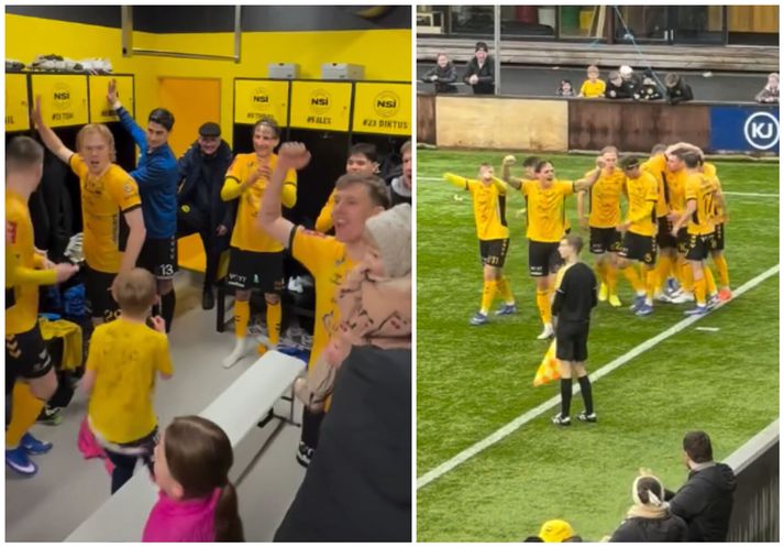 Leikmenn NSÍ úr Runavík fagna hér sigurmarkinu og svo inn í klefa eftir leikinn.