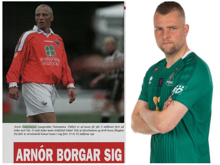 Guðjón Pétur Lýðsson er til hægri en til vinstri er úrklippa úr Frjálsi verslun í júlí 1998 þar sem er rétt um fjárfestingu Valsmanna að semja við Arnór Guðjohnsen.