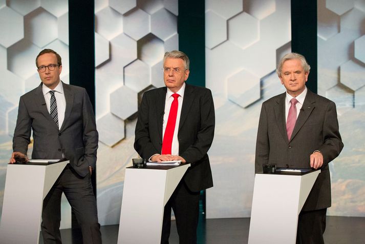 Andri Snær Magnason, Ástþór Magnússon og Davíð Oddsson í sjónvarpssal á föstudag.