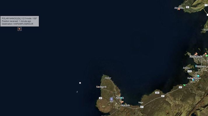 Staða Polar Nanoq á korti Marine Traffic klukkan 20 í kvöld.