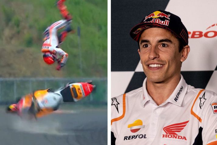 Marc Márquez sést hér á flugi sínu eftir að hafa misst stjórnina á mótorhjóli sínu.