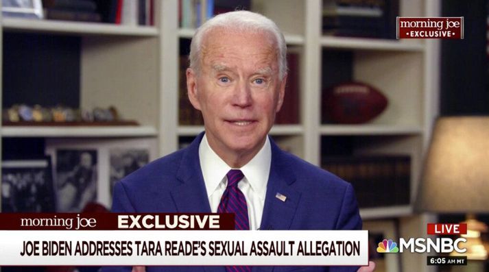 Skjáskot úr viðtali Joe Biden í þættinum Morning Joe á MSNBC í morgun. Þar svaraði hann í fyrsta skipti fyrir ásakanir fyrrverandi starfsmanns um kynferðisárás.
