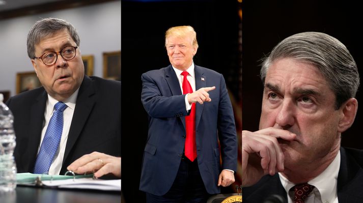 Persónur og leikendur. frá vinstri,  Dómsmálaráðherrann Barr- forsetinn Trump-Mueller rannsakandi.