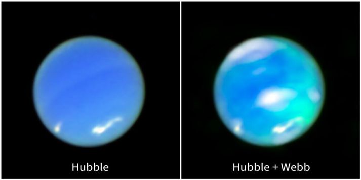 Vinstra megin sést mynd Hubble-sjónaukans af Neptúnusi þar sem búið er að ýkja liti lofthjúpsins. Hægra megin er búið að bæta gögnum frá Webb-sjónaukanum við mynd Hubble. Segulljósin sjást sem blágrænir blettir. Hvítu blettirnir eru ský ofarlega í lofthjúpnum.