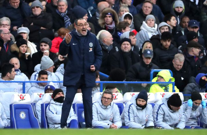 Sarri líflegur í sigrinum gegn Huddersfield um helgina.