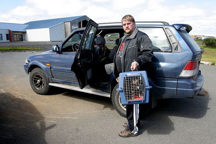 Kristján sækir hér köttinn Nölu Kristján þurfti að slá lán til að bjarga lífi Nölu. Heilbrigðiseftirlit Suðurnesja krafðist fimmtán þúsund króna skráningagjalds eftir að kötturinn var veiddur í búr í Höfnum.