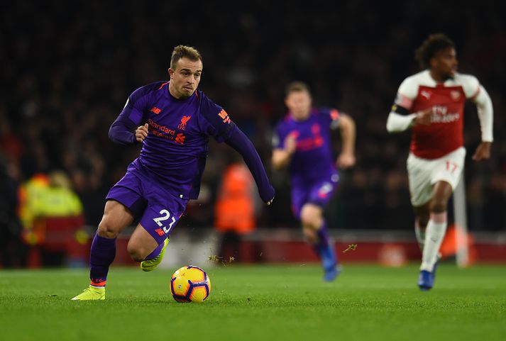 Shaqiri í stórleiknum gegn Arsenal um helgina.