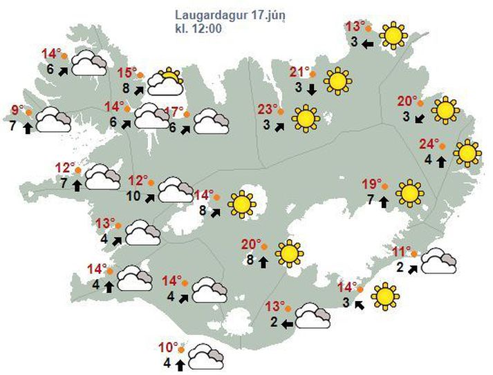 Svona lítur 17. júní út á veðurkortinu. 