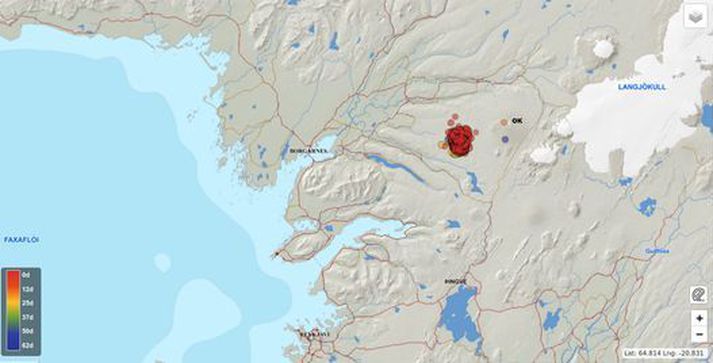 Um 550 skjálftar hafa mælst í yfirstandandi skjálftahrinu vestan við Ok í Borgarfirði. 
