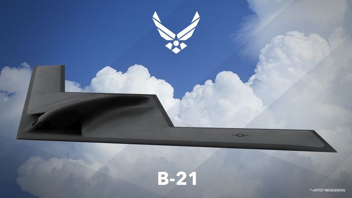 Tölvuteiknuð mynd af B-21 Raider huldusprengjuvélinni.