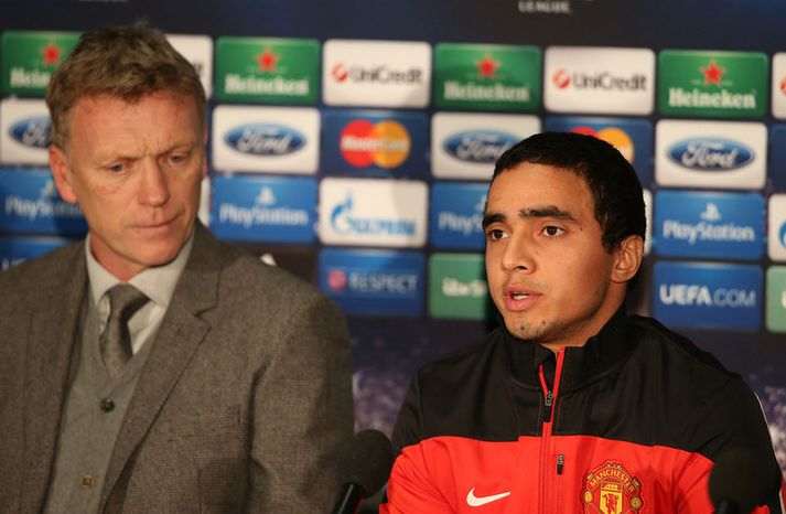 Rafael með David Moyes knattspyrnustjóra á blaðamannafundi í gær.