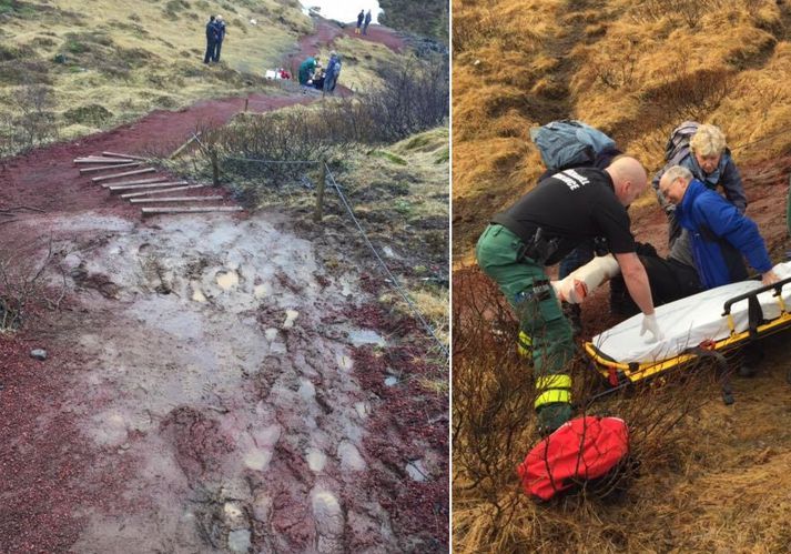 Myndir af vettvangi. Leiðsögumaður sem var á svæðinu þegar óhappið varð segir stíginn að Kerinu orðinn hálfgert drullusvað á kölfum.