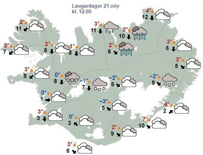 Veðurhorfur á landinu um hádegisbil í dag.