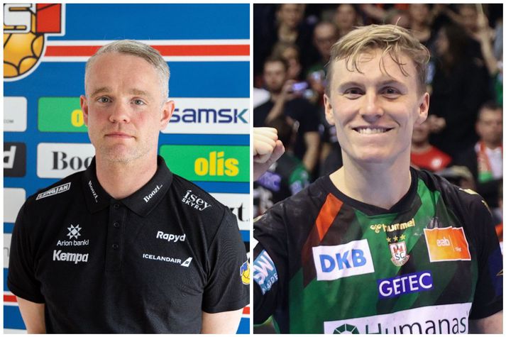 Snorri Steinn Guðjónsson, landsliðsþjálfari og Gísli Þorgeir Kristjánsson, leikmaður landsliðsins.