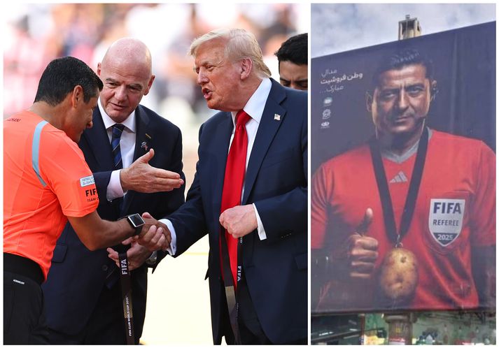 Alireza Faghani tekur í hendi Donalds Trump en fyrir þetta er hann álitinn verða föðurlandssvikari í Íran.