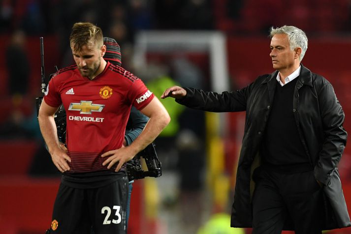 Jose Mourinho og Luke Shaw eftir síðasta leik.