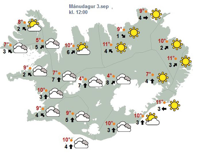 Sólin lætur sjá sig norðaustan- og austanlands en verður annars staðar í felum á bak við skýin ef marka má þetta spákort Veðurstofunnar fyrir hádegið í dag.