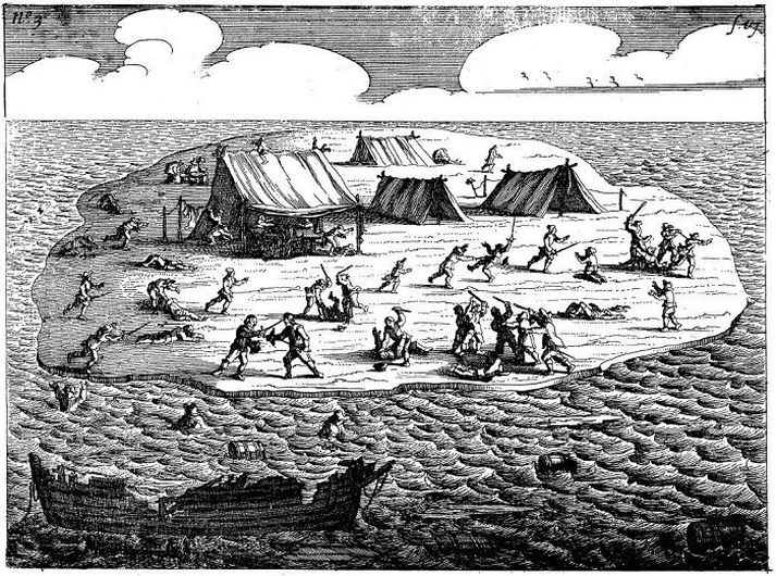 Hollensk trérista sem á að sýna villimennskuna á eyðieyjunni þar sem Batavía strandaði.