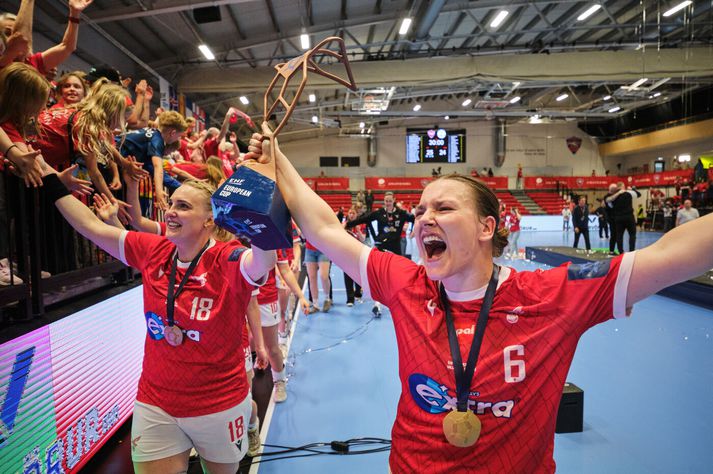 Valskonur urðu Evrópubikarmeistarar í handbolta í vor eftir sigur á spænska félaginu Porriño í úrslitum EHF bikarsins. Hér fagna Hildigunnur Einarsdóttir og Hildur Björnsdóttir með bikarinn.