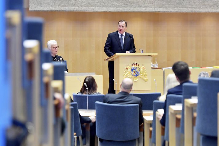 Stefan Löfven kynnir ríkisstjórn sína í þinghúsinu í Stokkhólmi í morgun.