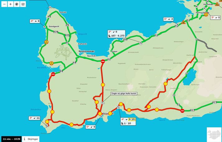 Kort Vegagerðarinnar sýnir vel hversu víðtækt akstursbannið er um Reykjanesskaga.