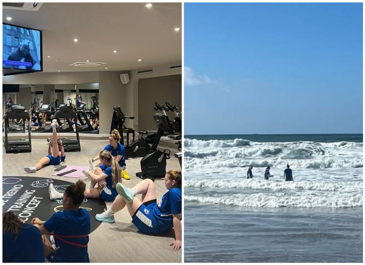 Íslensku stelpurnar æfðu og liðkuðu sig eftir ferðalagið suður til Portúgal en skelltu sér líka í sjóinn. 