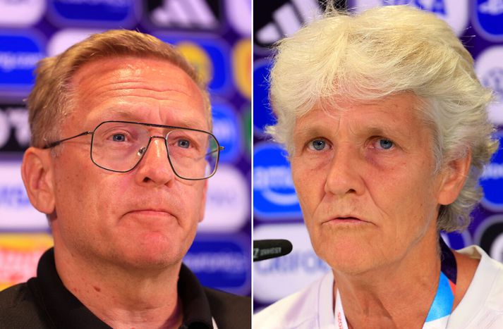 Þorsteinn Halldórsson, landsliðsþjálfari Íslands og Pia Sundhage, landsliðsþjálfari Sviss á blaðamannafundum sinna liða í gær. 