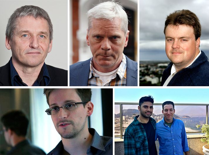 Á efri hluta myndarinnar eru Hjálmar Jónsson frá BÍ, Kristinn Hrafnsson frá FF og Hallgrímur Indriðason frá ICIJ. 
Á neðri hluta myndarinnar eru Edward Snowden og blaðamaðurinn Glenn Greenwald ásamt kærasta sínum David Miranda.