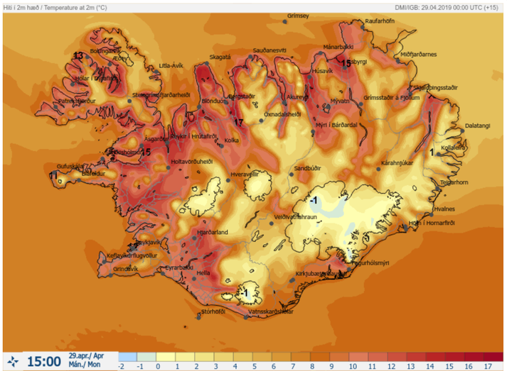 Það eru töluverð hlýindi í kortunum í dag, ef marka má hitaspána síðdegis í dag.