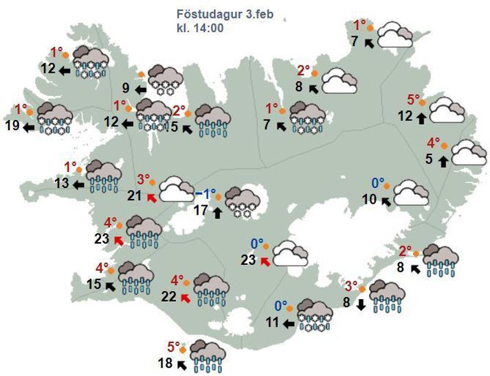 Mikil úrkoma er í kortunum. Svona verður staðan klukkan 14 í dag.