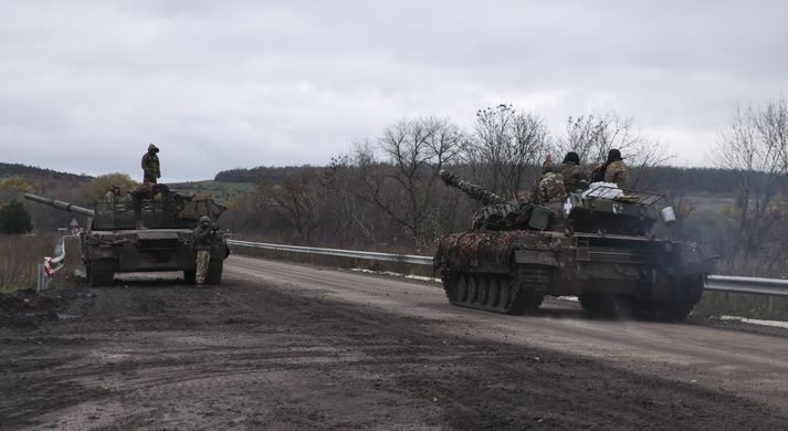 Rússneskur og úkraínskur skriðdreki í Donetsk í Austur-Úkraínu.