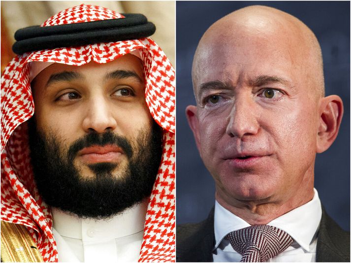 Salman krónprins (t.v.) og Bezos (t.h.) skiptust á skilaboðum í maí árið 2018. Grunur leikur á að Salman hafi sent spilliforrit í síma Bezos.