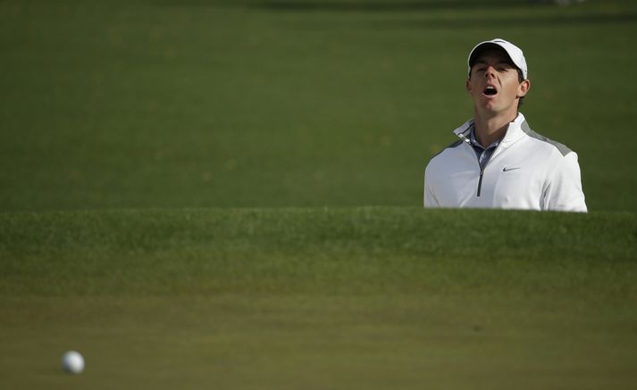 Rory McIlroy við æfingar á Augusta National í dag.