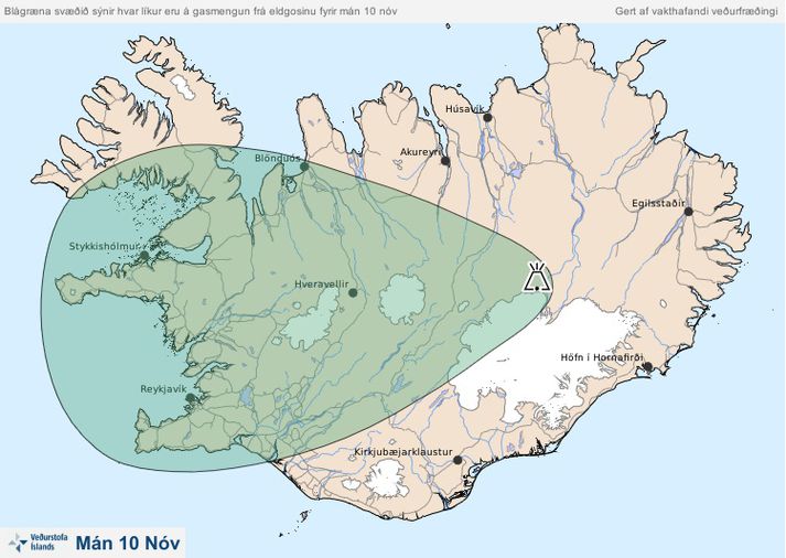 Blágræna svæðið sýnir hvar líkur eru á gasmengun í dag.