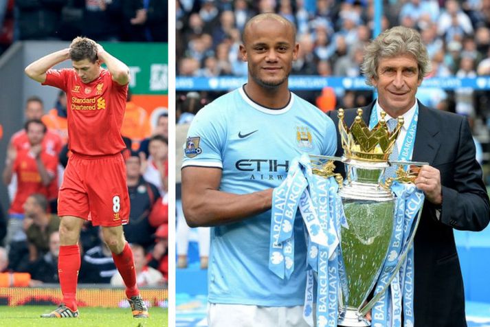 Fyrirliðinn Vincent Kompany og knattspyrnustjórinn Manuel Pellegrini  eftir að Manchester City vann enska meistaratitilinn vorið 2014 og svo Steven Gerrard eftir mistökin á móti Chelsea 2014.