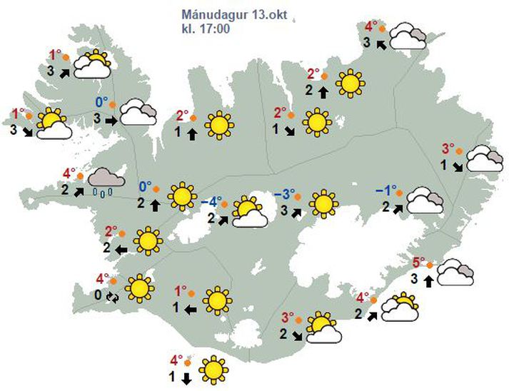 Hér má sjá veðurspána í dag klukkan 17.