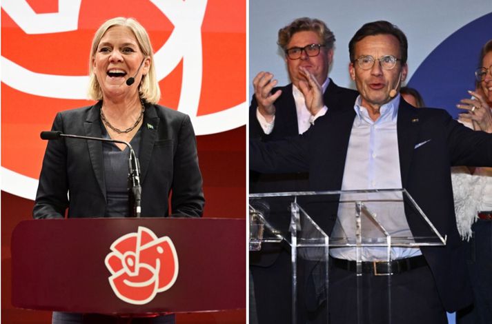 Vinstri og hægri blokkirnar berjast um sætin við ríkisstjórnarborðið. Til hægri er Magdalena Andersson leiðtogi Sósíaldemókrata og til vinstri Ulf Kristersson, formaður Moderaterna og forsætisráðherra. 