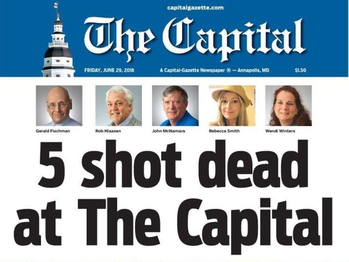 Hluti af forsíðu dagblaðsins The Capital Gazette í dag, 29. júní 2018.