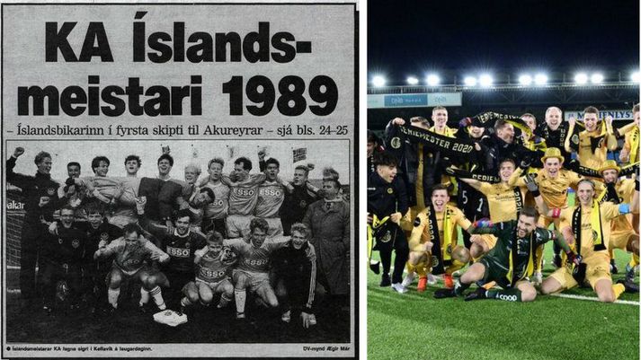 KA-menn fagna Íslandsmeistaratitli sínum á forsíðu íþróttakálfs DV 18. september 1989 og til hliðar má sjá Alfons Sampsted og félaga í norska félaginu Bodö/Glimt fagna sigri sínum í gær.