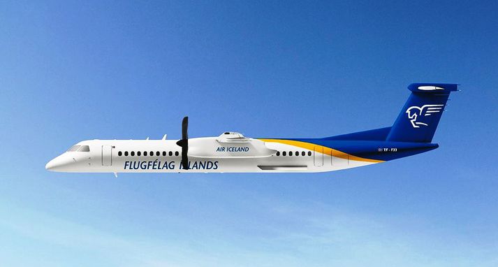 Grafísk mynd af Bombardier Q400 í litum Flugfélags Íslands.