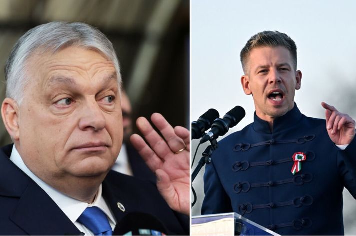 Viktor Orbán (t.v.) reynir nú að standast áhlaup Péters Magyar (t.h.) og framlengja stjórnarsetu sína sem hefur þegar spannað sextán ár.