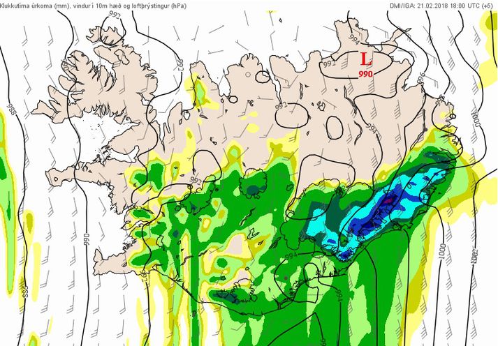 Úrkomuspákort Veðurstofu Íslands sem sýnir mikla úrkomu á suðaustanverðu landinu.