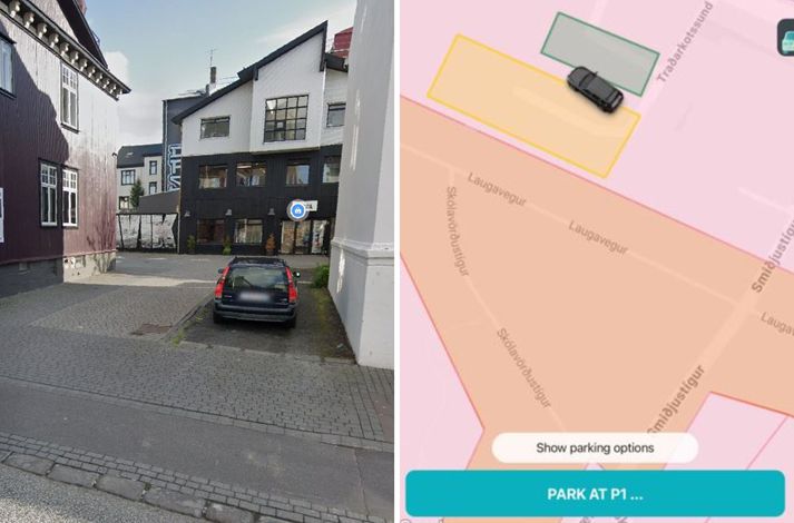 Innkeyslan í bílastæðin við Hverfisgötu 18 og Laugaveg 3 þar sem ökumaðurinn lagði. Til hægri má sjá bílastæðin í ólíkum litum eins og þau birtast í appinu.