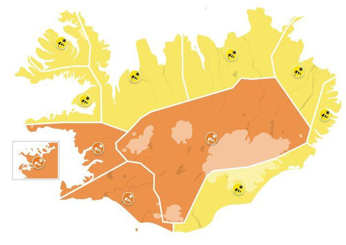 Appelsínugular viðvaranir verða í gildi á höfuðborgarsvæðinu, Suðurlandi, við Faxaflóa og á Miðhálendi milli klukkan sjö í fyrramálið til 13. 