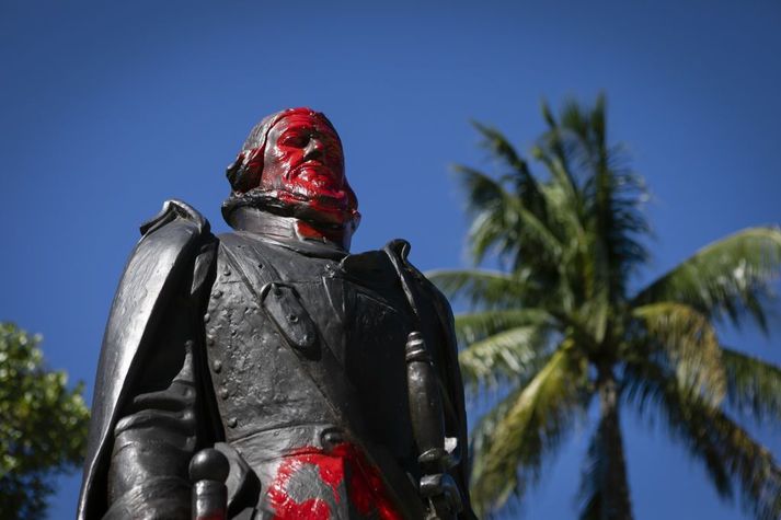 Stytta af spænska landkönnuðinum Juan Ponce De Leon í Bayfront Park í Miami í Bandaríkjunum.